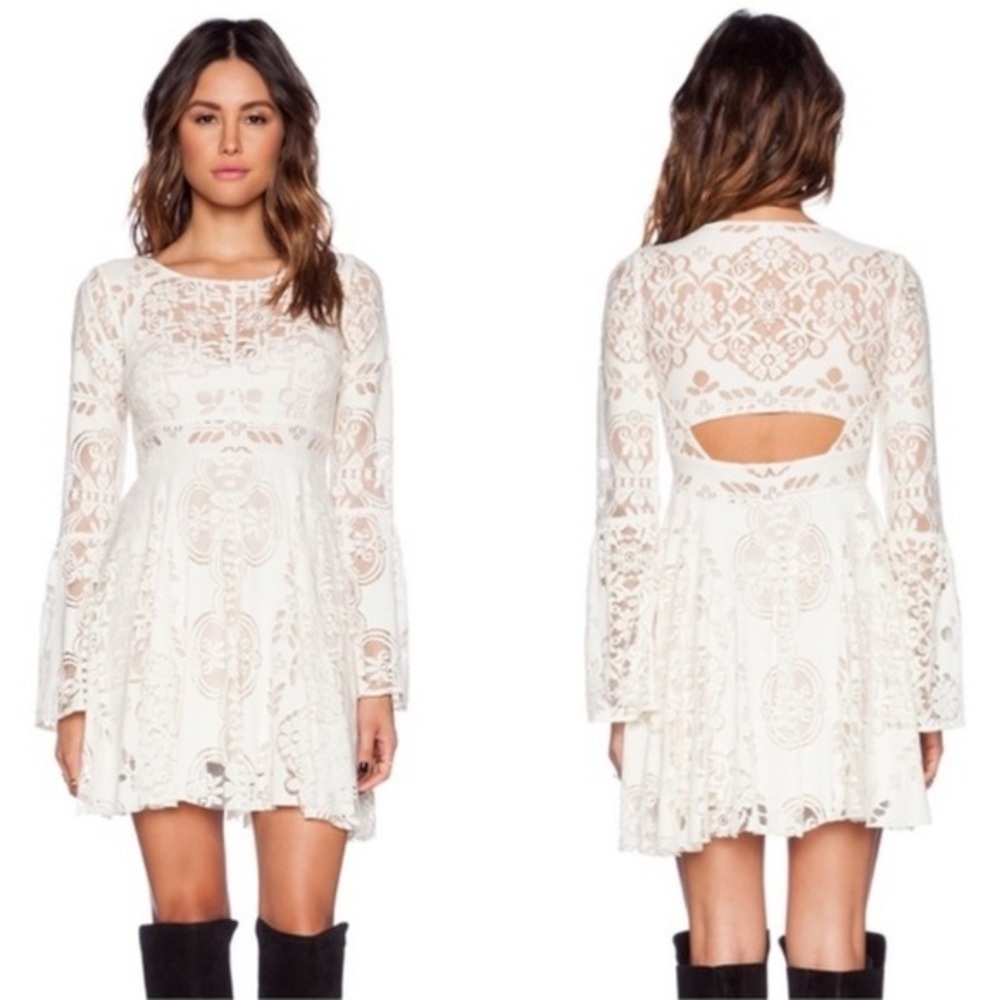 FREE PEOPLE FOLK SONG LACE SLEEVE CUTOUT MINI DRESS CREAM 8